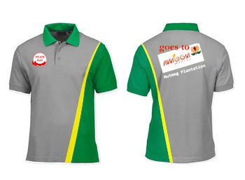 Corporate Merchandise & B2B Sourcing — Pengadaan Merchandise Perusahaan 2 Mockup kaos polo custom dengan kombinasi warna abu-abu hijau dan aplikasi logo