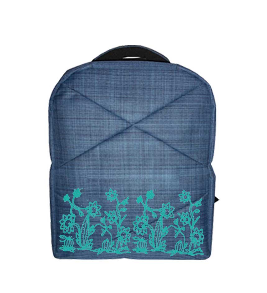 Ransel RL-284 biru dengan aksen sablon ornamen bunga turquoise pada bagian depan bawah