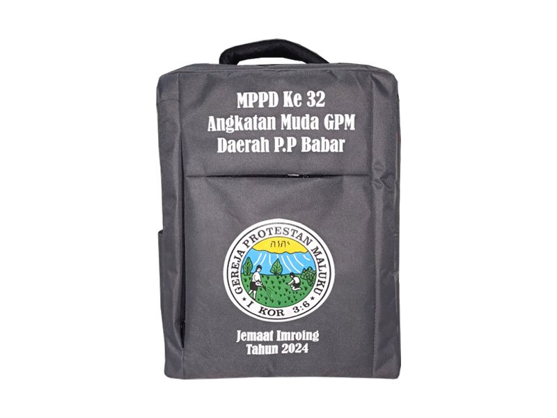 Ransel Laptop Custom Gereja RL-932: Portofolio Angkatan Muda GPM Maluku 3 Ransel custom gereja RL-932 abu-abu dengan identitas Angkatan Muda GPM