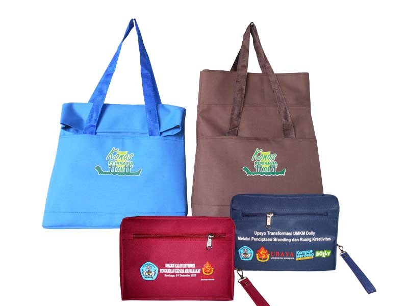 Tas tote bag custom Esprobags model TS379 dan pouch, contoh pilihan tas acara dan merchandise perusahaan