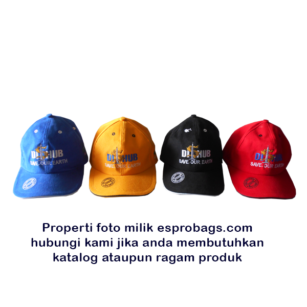 Corporate Merchandise & B2B Sourcing — Pengadaan Merchandise Perusahaan 6 Empat topi bordir warna biru kuning hitam dan merah dengan logo