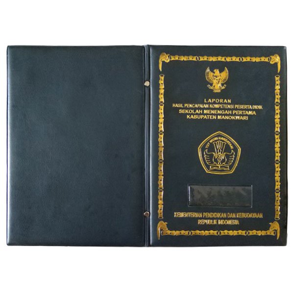 Portofolio map rapor sekolah dengan cetak foil emas dan logo institusi pemesan, produksi Esprobags